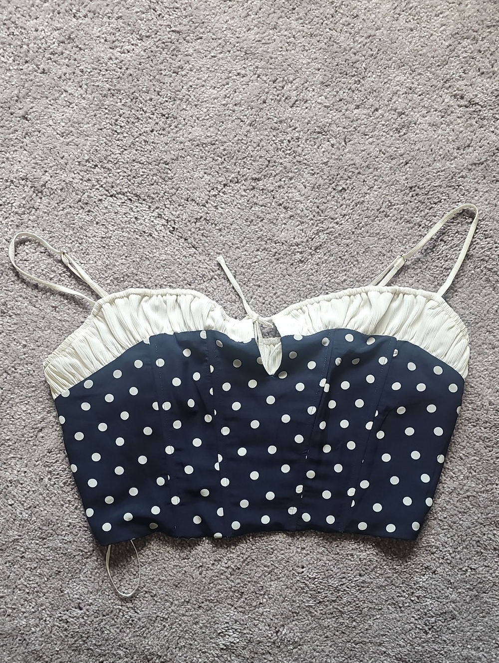 Navy Polka Dot Cropped Cami with Cream Trim